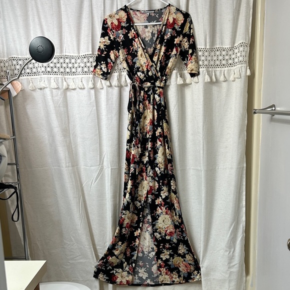 Stillettos Dresses & Skirts - Black Floral Wrap Maxi Dress with Red & Cream Blooms
